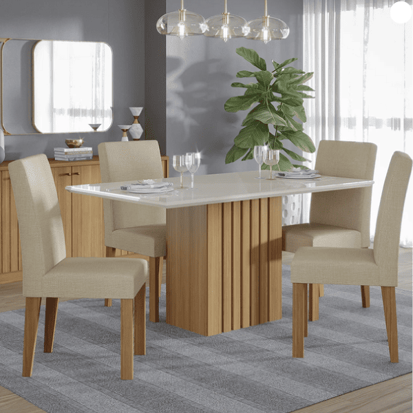 Sala de Jantar Ana Com 1,30 Nature/Off Vidro Com 4 Cadeiras Ref. 6628