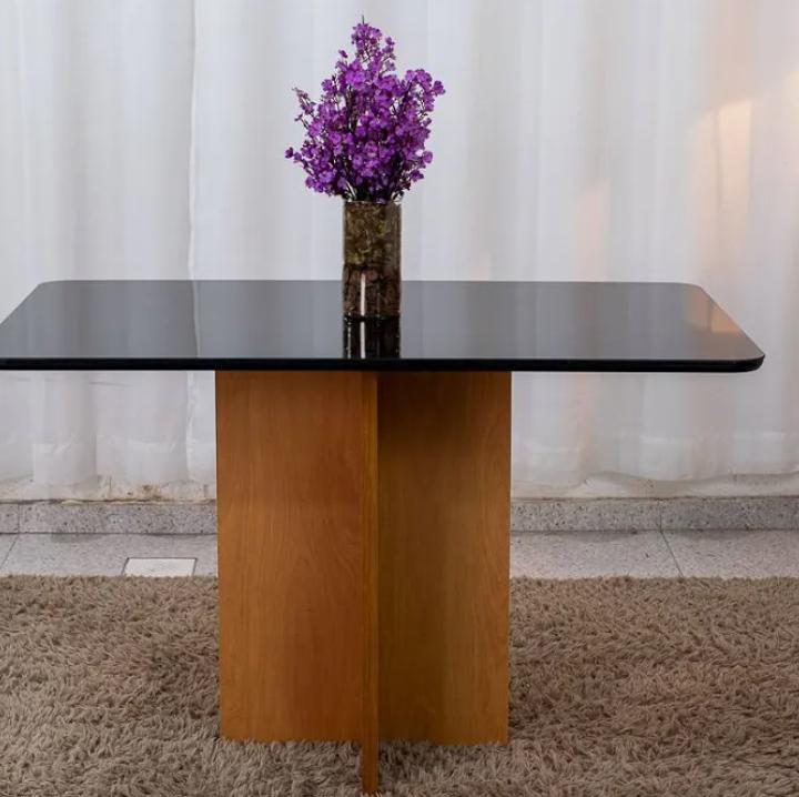 Mesa de Jantar Moscou 120x80 Vidro Preto/Base Cinamomo - Minas Plac. REF 6745