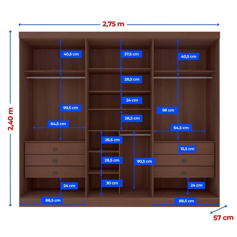 Guarda-roupa Casal Da Vinci Plus Castanho 6 Portas 6 Gavetas 100% MDF Larg. 2.75m - D Doro - Imagem 2