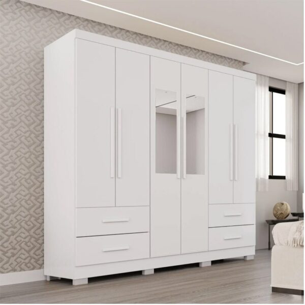 Guarda-roupa Texas Premium Branco C/Espelho e Pés 6 Portas 4 gavetas Larg. 1.80m - Sallêto