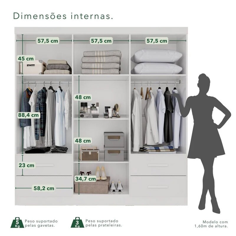 Guarda-roupa Texas Premium Branco 6 Portas 4 gavetas Larg. 1.80m - Sallêto - Imagem 3