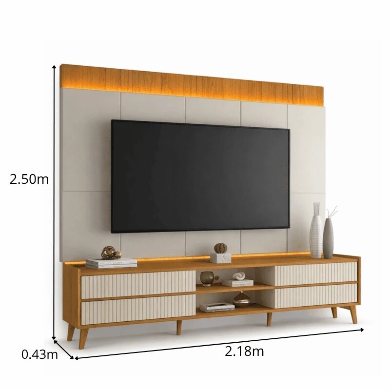 Sofá 3 lug. Gramado 2.10m Korino Nobuck Marrom 3051 + Rack Magnífico 212 Larg. 2.18m + Painel Magnífico 220 Nature/Off C/LED e Ripado TV até 85" - Gelius - Imagem 3