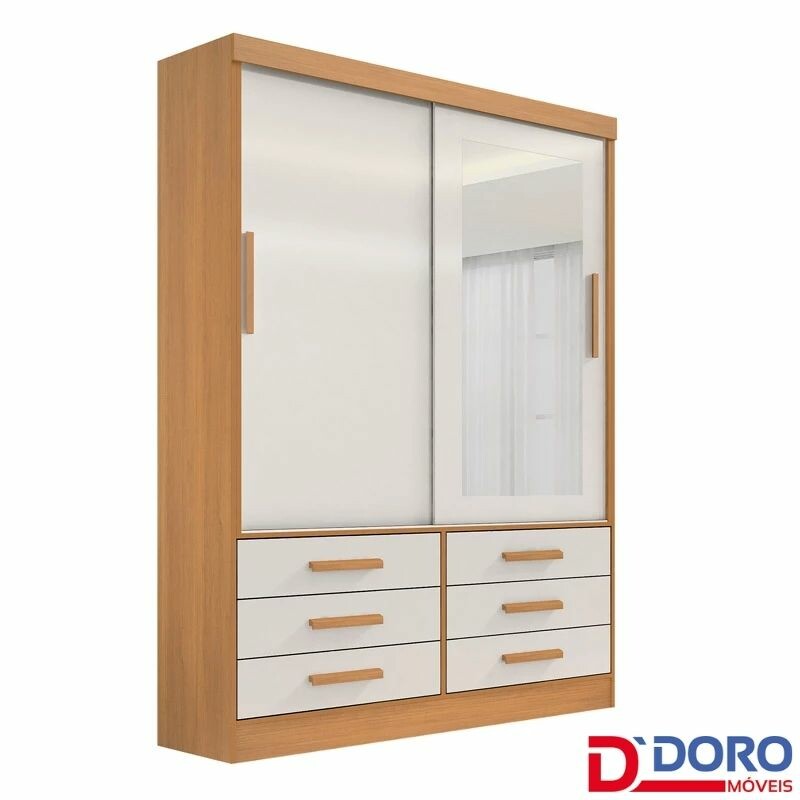 Roupeiro Solteiro Merídian Cinamomo/Off 2 portas c/ 1 Espelho 6 Gavetas Larg. 1.35m - D Doro