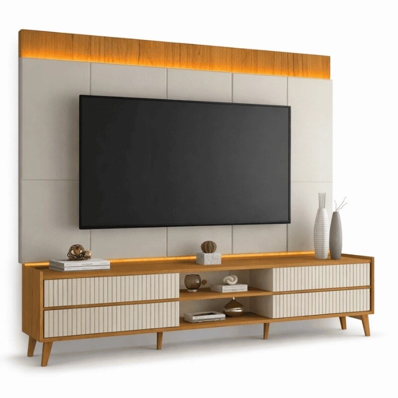 Sofá 3 lug. 8100 2.00m Linho Bege 24 + Rack Magnífico 212 Larg. 2.18m + Painel Magnífico 220 Nature/Off C/LED e Ripado TV até 85" - Gelius - Imagem 11