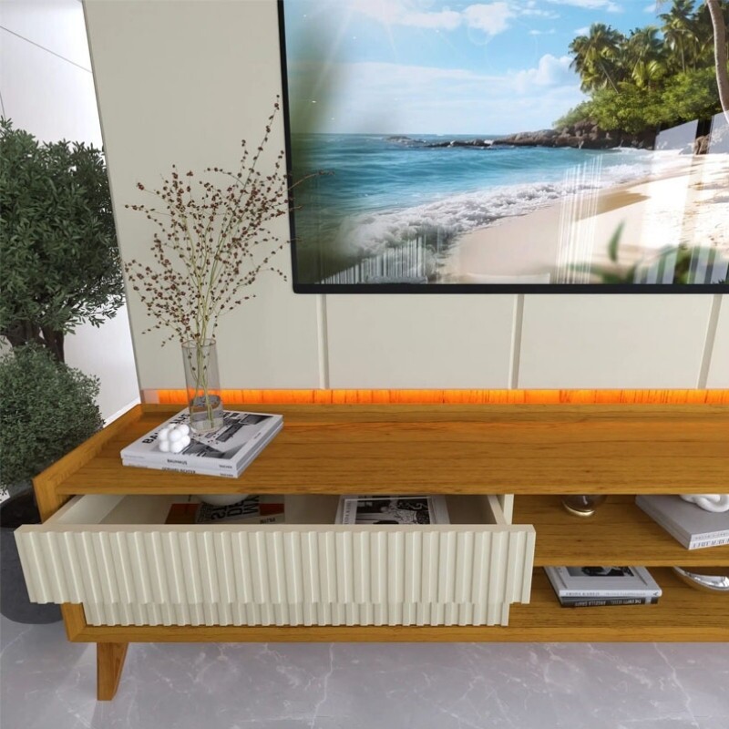 Sofá 3 lug. 8100 2.00m Linho Bege 24 + Rack Magnífico 212 Larg. 2.18m + Painel Magnífico 220 Nature/Off C/LED e Ripado TV até 85" - Gelius - Imagem 12