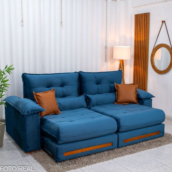 Sofá Retrátil Reclinável Imperial 2.50m Veludo Azul 03 - D33 e Molas Ensacadas