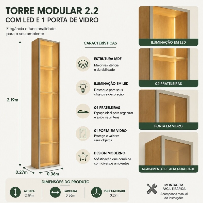 Torre Modular 2.2 Larg. 0.36m Nature C/LED 1 Porta em Vidro - JB Bechara - Imagem 4
