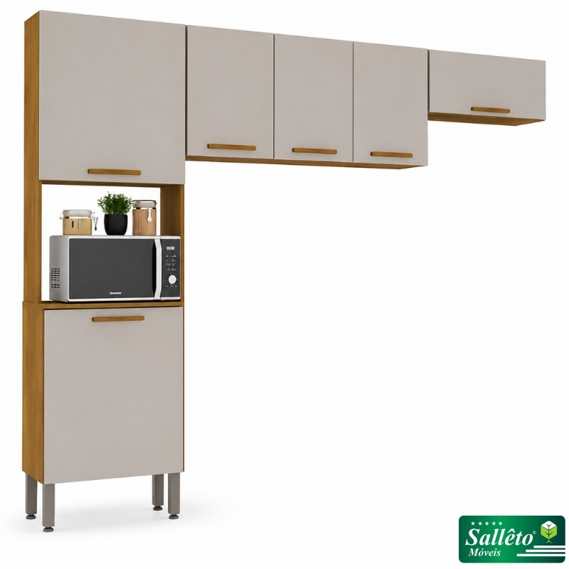 Torre Quente Cozinha New Valência + Aéreo Triplo 3 Portas 1.20m + Armário de geladeira New Valência Cinamomo/Off - Sallêto