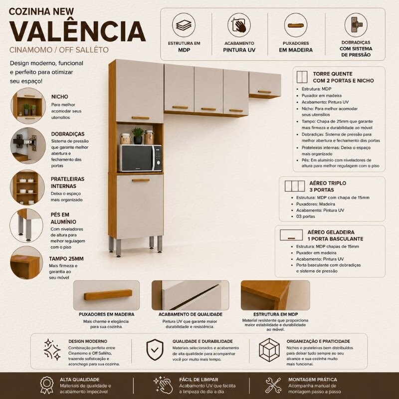 Torre Quente Cozinha New Valência + Aéreo Triplo 3 Portas 1.20m + Armário de geladeira New Valência Cinamomo/Off - Sallêto - Imagem 4
