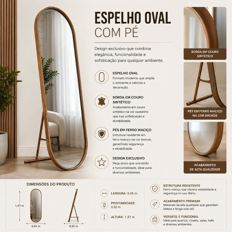Toucador Alamanda Espelho Oval Castanho/Bronze - JB Bechara - Imagem 4