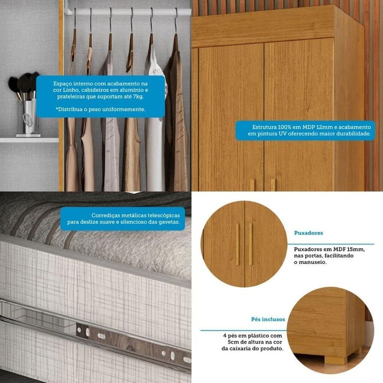 Guarda Roupa Solteiro 3 Portas 2 Gavetas Maya Acp Móveis Cinamomo REF:6577 - Imagem 3