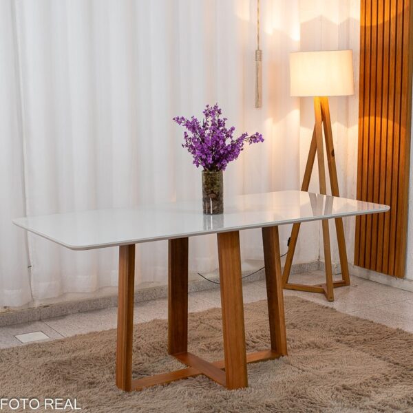 Mesa de Jantar Pedro 160x80 Vidro Off/Base Madeira Art Assento - Entregue Montada
