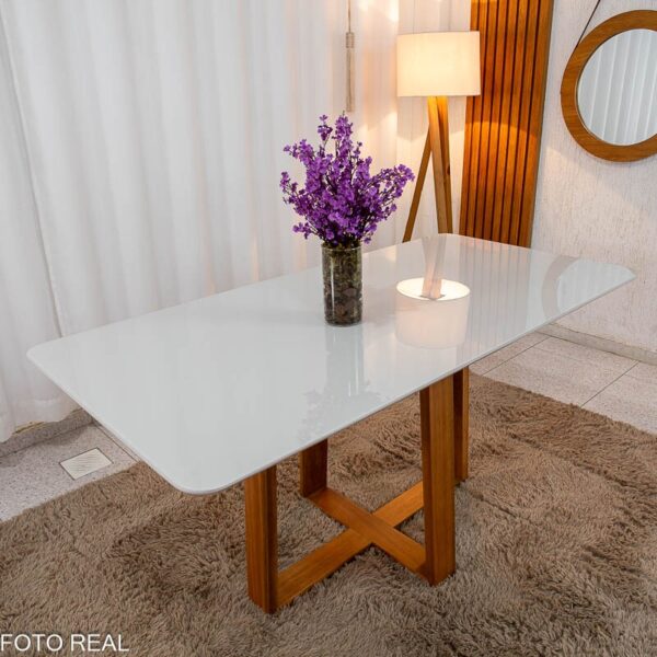 Mesa de Jantar Pedro 160×80 Vidro Off/Base Madeira + 6 Cad. Lisboa Veludo Bege 512 Madeira Art Assento - Entregue Montada