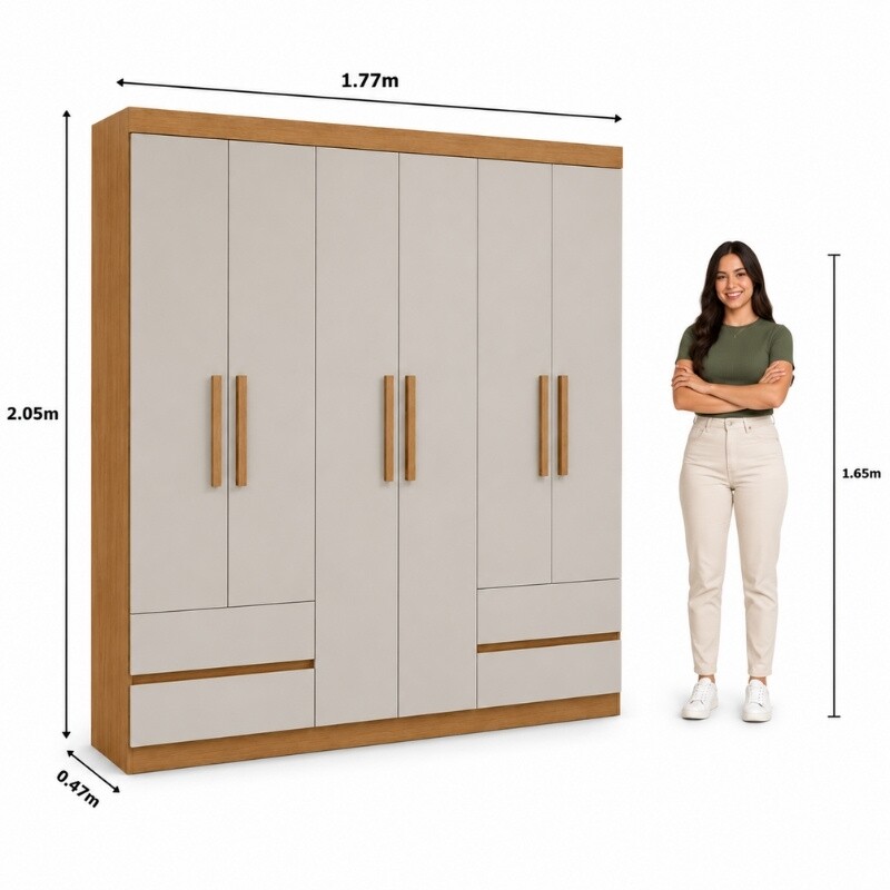 Guarda-roupa Zeus Amêndoa Clean/Off 6 Portas 4 Gavetas Larg. 1.77m - Móveis Lopas - Imagem 3