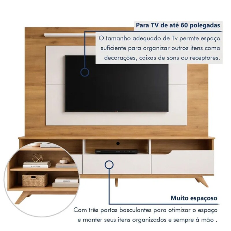 Home Theater Diplomata Cinamomo/Off White Larg. 2.00m para TV até 60'' - Valdemóveis - Imagem 6