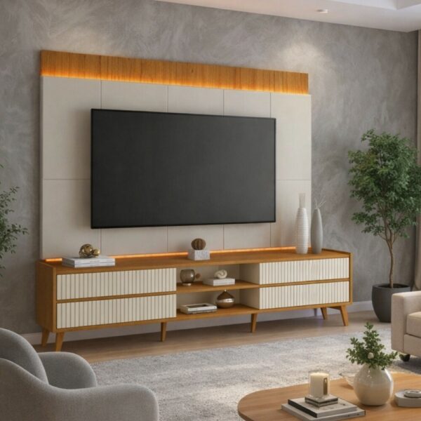 Rack Magnífico 212 Larg. 2.18m + Painel Magnífico 220 Nature/Off C/LED e Detalhe Ripado para TV até 85