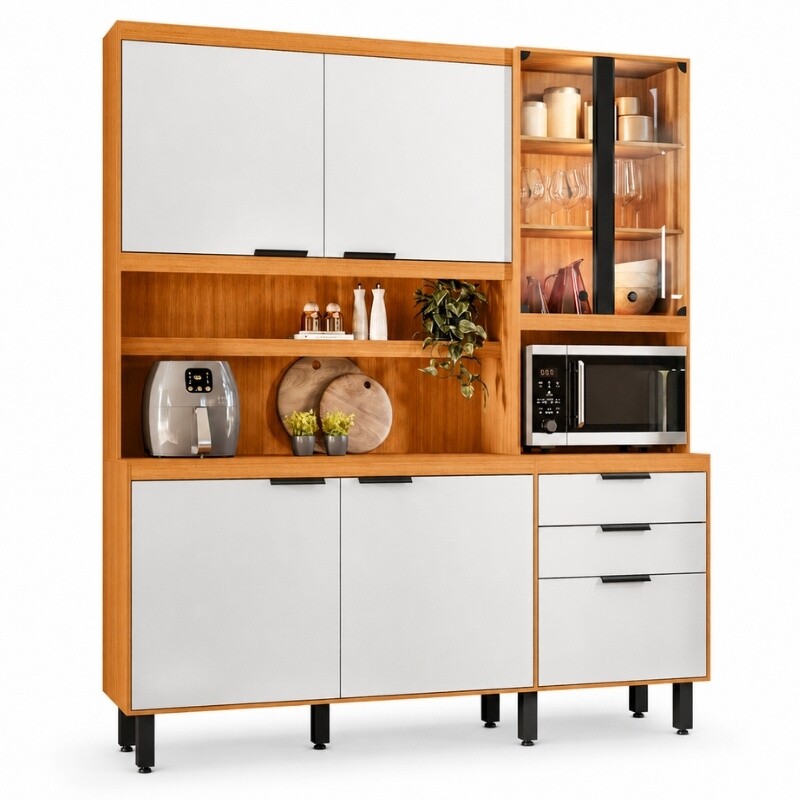 Kit Cozinha Murano Larg. 1.82m Freijó/Off White 7 Portas 2 Gavetas e Iluminação em LED - Poliman - Imagem 3