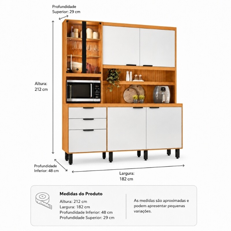 Kit Cozinha Murano Larg. 1.82m Freijó/Off White 7 Portas 2 Gavetas e Iluminação em LED - Poliman - Imagem 4
