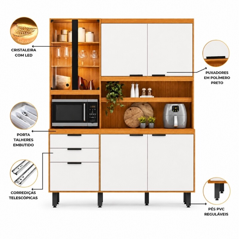 Kit Cozinha Murano Larg. 1.82m Freijó/Off White 7 Portas 2 Gavetas e Iluminação em LED - Poliman - Imagem 6