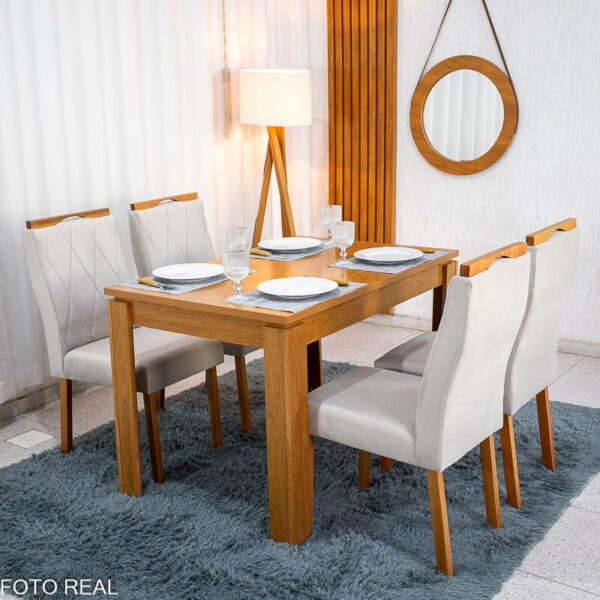 Mesa Athenas 120x80 Amêndoa Clean Tampo Maciço - Móveis Lopas + 4 Cad. Lisboa Veludo Bege 512 Madeira Entregue Montada - Art Assento