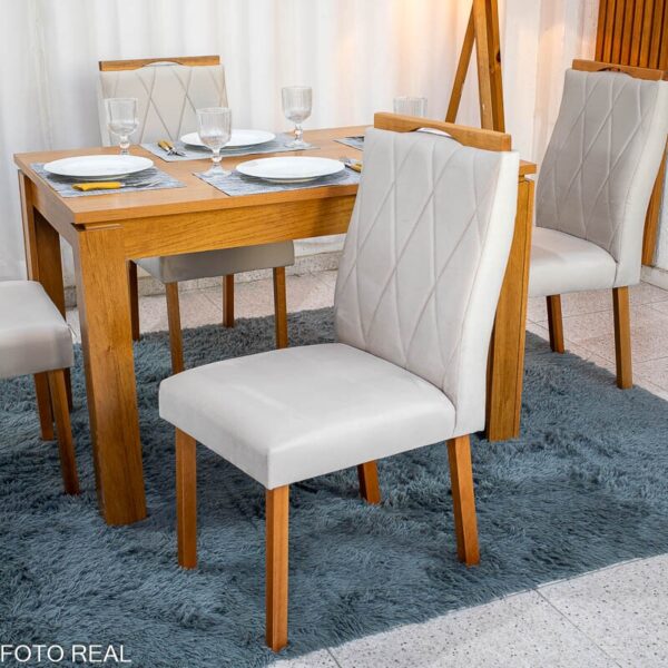Mesa Athenas 120x80 Amêndoa Clean Tampo Maciço - Móveis Lopas + 4 Cad. Lisboa Veludo Bege 512 Madeira Entregue Montada - Art Assento