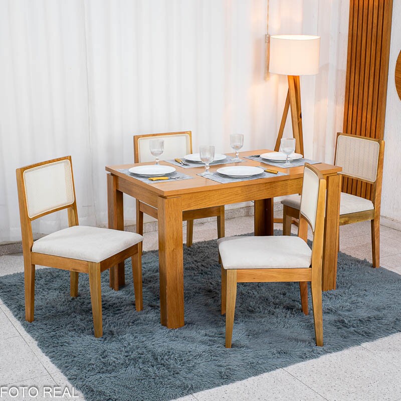 Mesa Athenas 120x80 Amêndoa Clean Tampo Maciço - Móveis Lopas + 4 Cad. Cantiga Boucle Bege Madeira Maciça - Bechara - Imagem 3