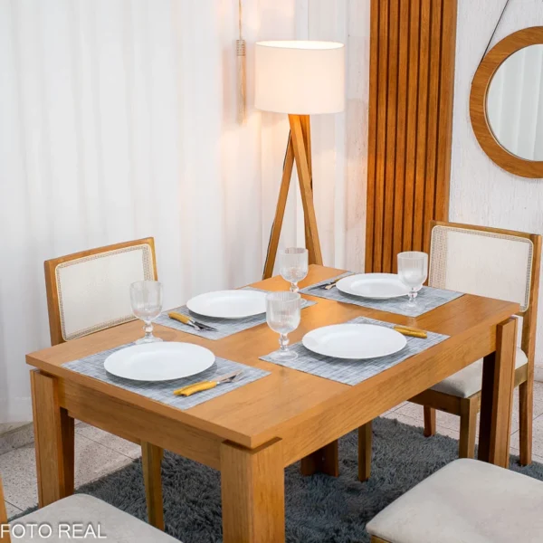 Mesa Athenas 120x80 Amêndoa Clean Tampo Maciço - Móveis Lopas + 4 Cad. Cantiga Boucle Bege Madeira Maciça - Bechara