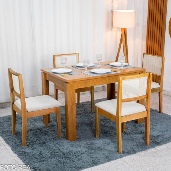 Mesa Athenas 120x80 Amêndoa Clean Tampo Maciço - Móveis Lopas + 4 Cad. Cantiga Boucle Bege Madeira Maciça - Bechara