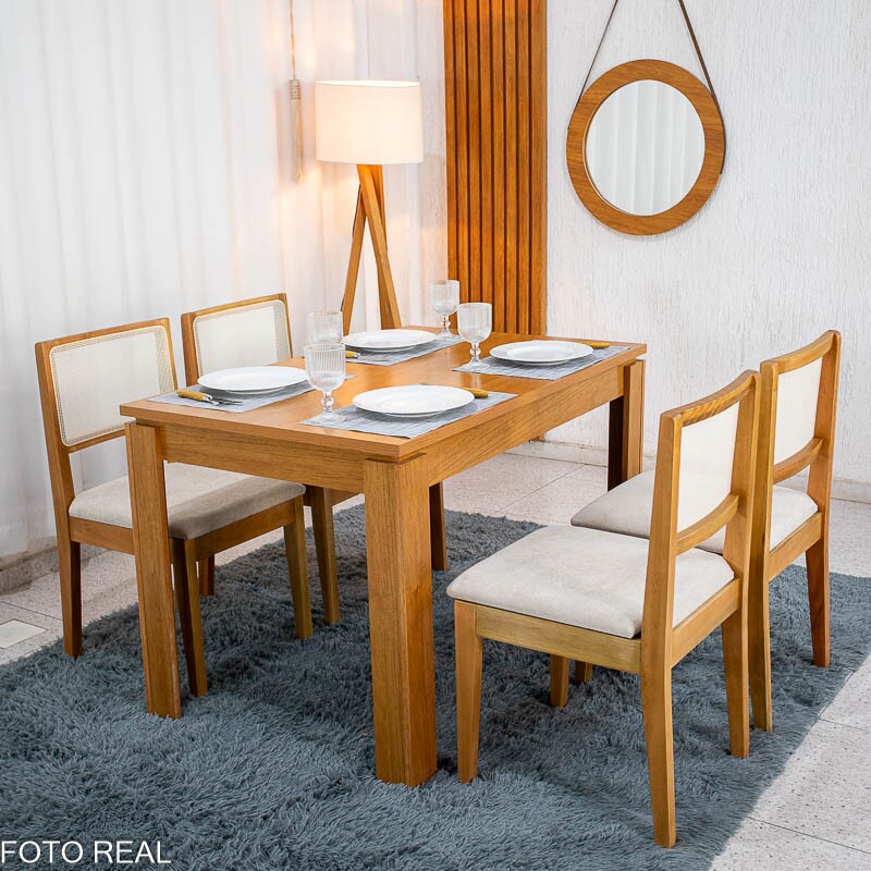 Mesa Athenas 120x80 Amêndoa Clean Tampo Maciço - Móveis Lopas + 4 Cad. Cantiga Boucle Bege Madeira Maciça - Bechara
