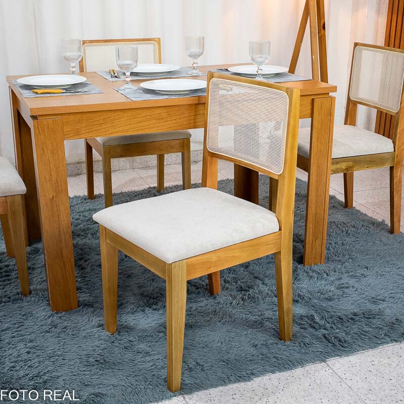 Mesa Athenas 120x80 Amêndoa Clean Tampo Maciço - Móveis Lopas + 4 Cad. Cantiga Boucle Bege Madeira Maciça - Bechara