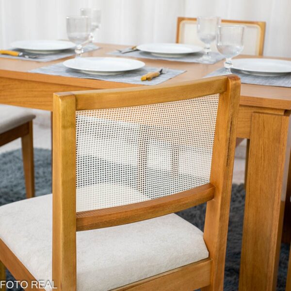 Mesa Athenas 120x80 Amêndoa Clean Tampo Maciço - Móveis Lopas + 4 Cad. Cantiga Boucle Bege Madeira Maciça - Bechara