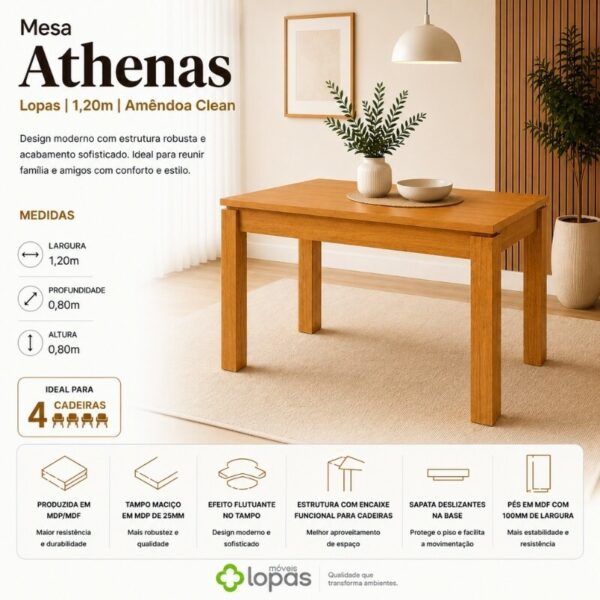 Mesa Athenas 120x80 Amêndoa Clean Tampo Maciço - Móveis Lopas + 4 Cad. Lisboa Veludo Bege 512 Madeira Entregue Montada - Art Assento