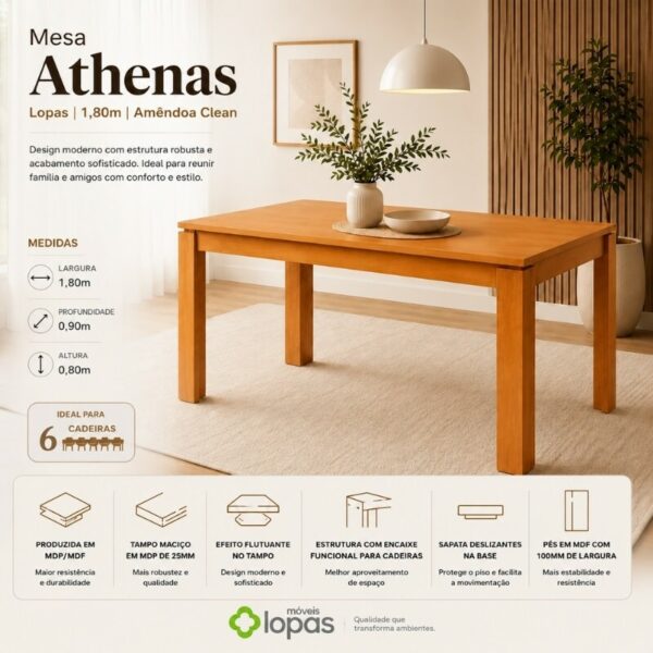 Mesa Athenas 180x90 Amêndoa Clean Tampo Maciço - Móveis Lopas + 6 Cad. Cantiga Boucle Bege Madeira Maciça - Bechara
