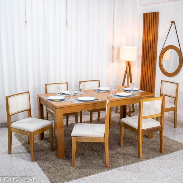 Mesa Athenas 180x90 Amêndoa Clean Tampo Maciço - Móveis Lopas + 6 Cad. Cantiga Boucle Bege Madeira Maciça - Bechara