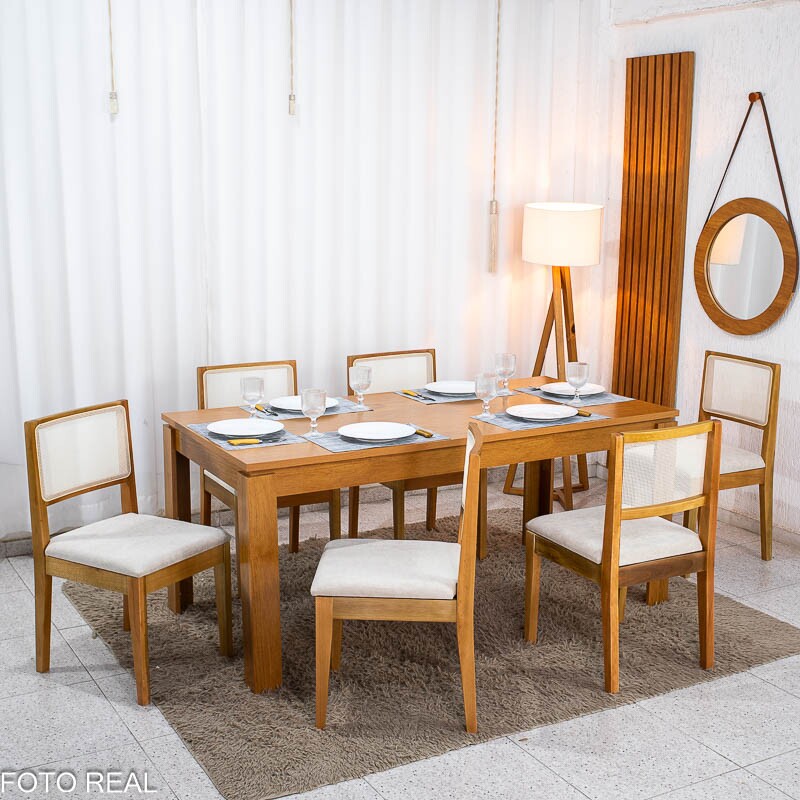 Mesa Athenas 180x90 Amêndoa Clean Tampo Maciço - Móveis Lopas + 6 Cad. Cantiga Boucle Bege Madeira Maciça - Bechara