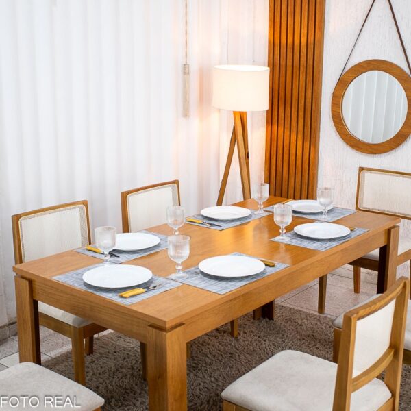 Mesa Athenas 180x90 Amêndoa Clean Tampo Maciço - Móveis Lopas + 6 Cad. Cantiga Boucle Bege Madeira Maciça - Bechara