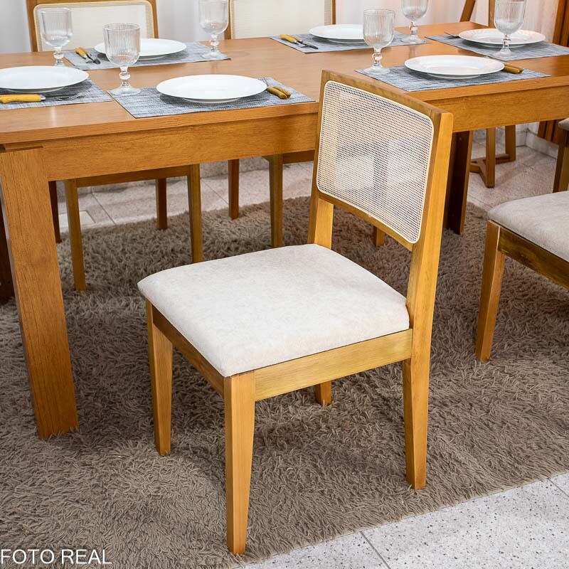 Mesa Athenas 180x90 Amêndoa Clean Tampo Maciço - Móveis Lopas + 6 Cad. Cantiga Boucle Bege Madeira Maciça - Bechara