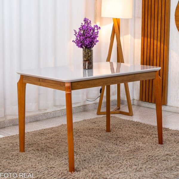 Mesa de Jantar Alegra Tampo Vidro Off 120×80 Madeira Maciça - JCM