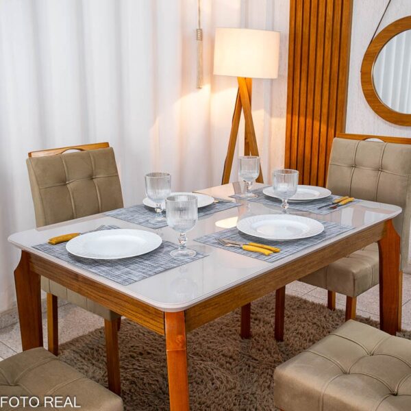 Mesa de Jantar Alegra Tampo Vidro Off 120×80 Madeira Maciça - JCM + 4 Cad. Londres Veludo Avelã Madeira Minas Plac - Entregue Montada