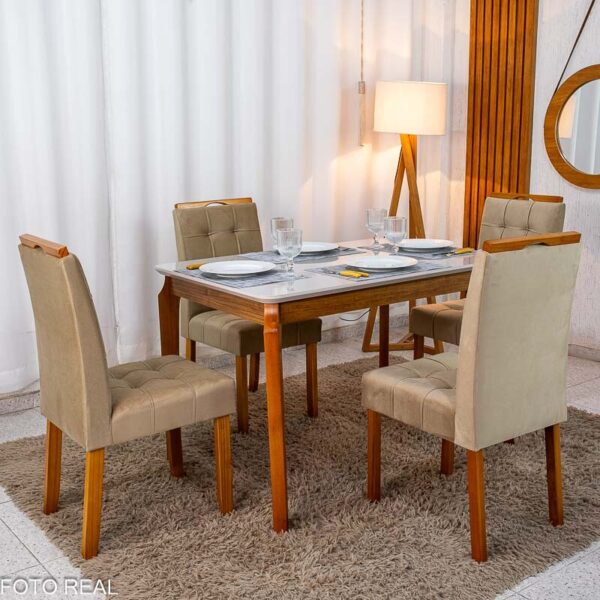 Mesa de Jantar Alegra Tampo Vidro Off 120×80 Madeira Maciça - JCM + 4 Cad. Londres Veludo Avelã Madeira Minas Plac - Entregue Montada