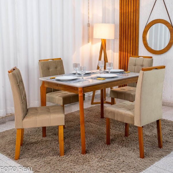 Mesa de Jantar Alegra Tampo Vidro Off 120×80 Madeira Maciça - JCM + 4 Cad. Londres Veludo Avelã Madeira Minas Plac - Entregue Montada