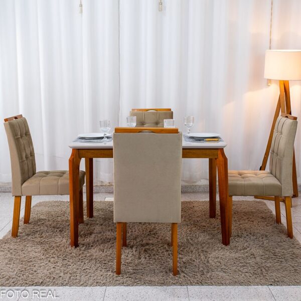 Mesa de Jantar Alegra Tampo Vidro Off 120×80 Madeira Maciça - JCM + 4 Cad. Londres Veludo Avelã Madeira Minas Plac - Entregue Montada