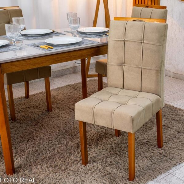 Mesa de Jantar Alegra Tampo Vidro Off 120×80 Madeira Maciça - JCM + 4 Cad. Londres Veludo Avelã Madeira Minas Plac - Entregue Montada
