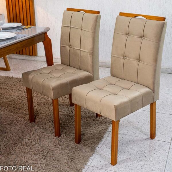 Mesa de Jantar Alegra Tampo Vidro Off 120×80 Madeira Maciça - JCM + 4 Cad. Londres Veludo Avelã Madeira Minas Plac - Entregue Montada