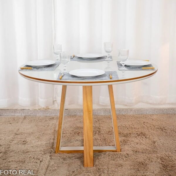 Mesa de Jantar Atlanta Redonda 120cm Vidro Off/Base Madeira - Minas Plac + 4 Cad. Isabela Linho Cinza 05 Madeira KM Decor - Entregue Montada