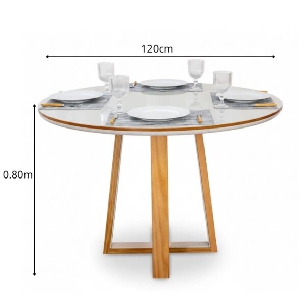Mesa de Jantar Atlanta Redonda 120cm Vidro Off/Base Madeira - Minas Plac + 4 Cad. Isabela Linho Cinza 05 Madeira KM Decor - Entregue Montada