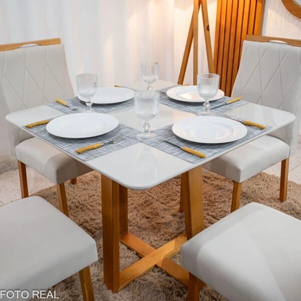 Mesa de Jantar Bali 90x90 Vidro Off/Base Madeira - Minas Plac + 4 Cad. Lisboa Veludo Bege 512 Madeira Art Assento - Entregue Montada