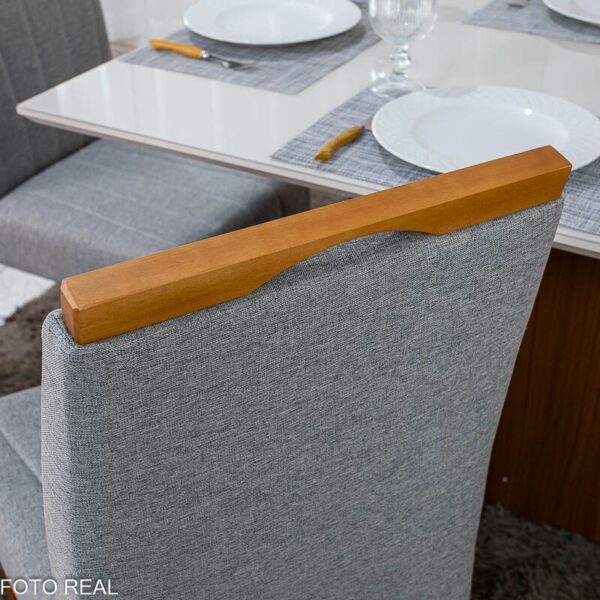 Mesa de Jantar Helo 120×90 Vidro Off/Base Mel Poliman + 4 Cad. Isabela Linho Cinza 05 Madeira Maciça KM Decor - Entregue Montada