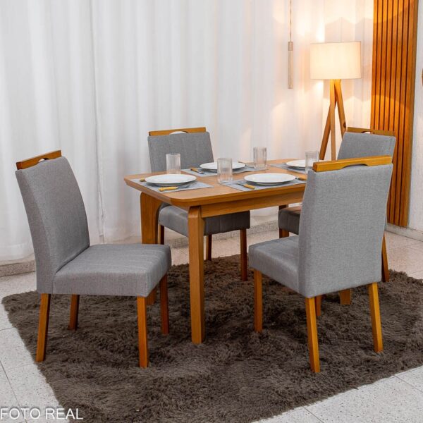 Mesa de Jantar Londrina 120x80 Cinamomo Rufato + 4 Cad. Isabela Linho Cinza 05 Madeira - KM Decor