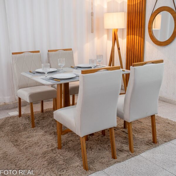 Mesa de Jantar Pedro 120x80 Vidro Off/Base Madeira + 4 Cad. Lisboa Veludo Bege 512 Madeira Art Assento - Entregue Montada